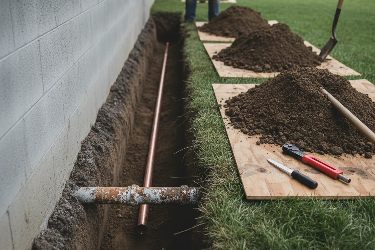 Excavated water line trench during Water Heater Repair in Irene